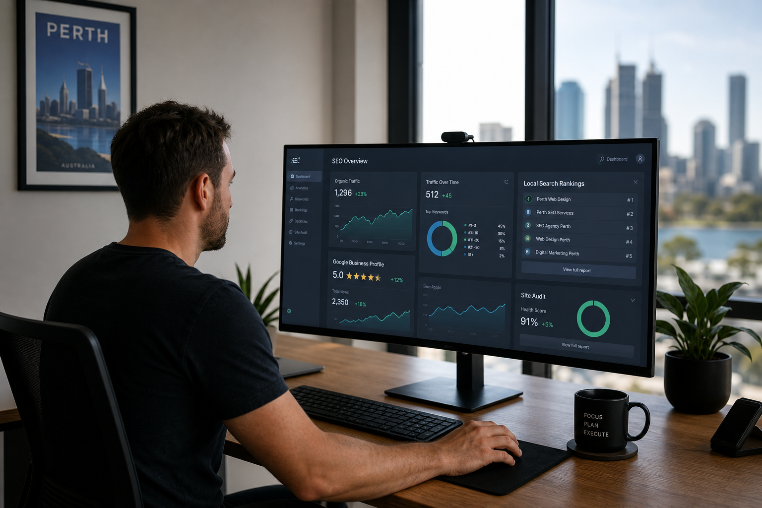 Perth business owner reviewing SEO settings on a website analytics dashboard