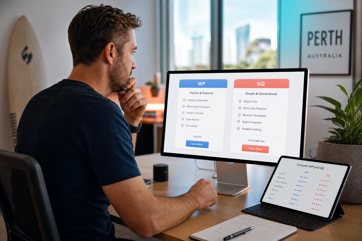Perth business owner comparing WordPress and Squarespace website platform options