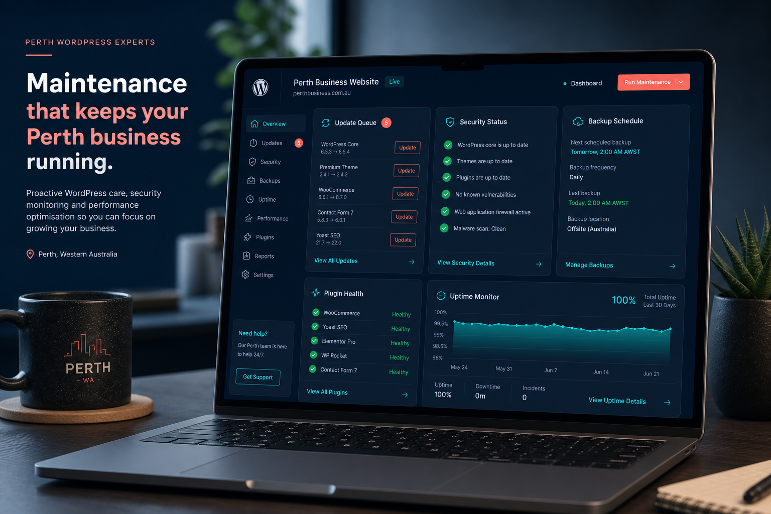 WordPress maintenance dashboard showing updates, backups and security status