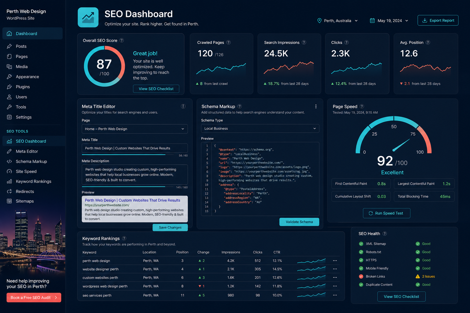 WordPress SEO tools dashboard showing rankings, meta tags and site speed