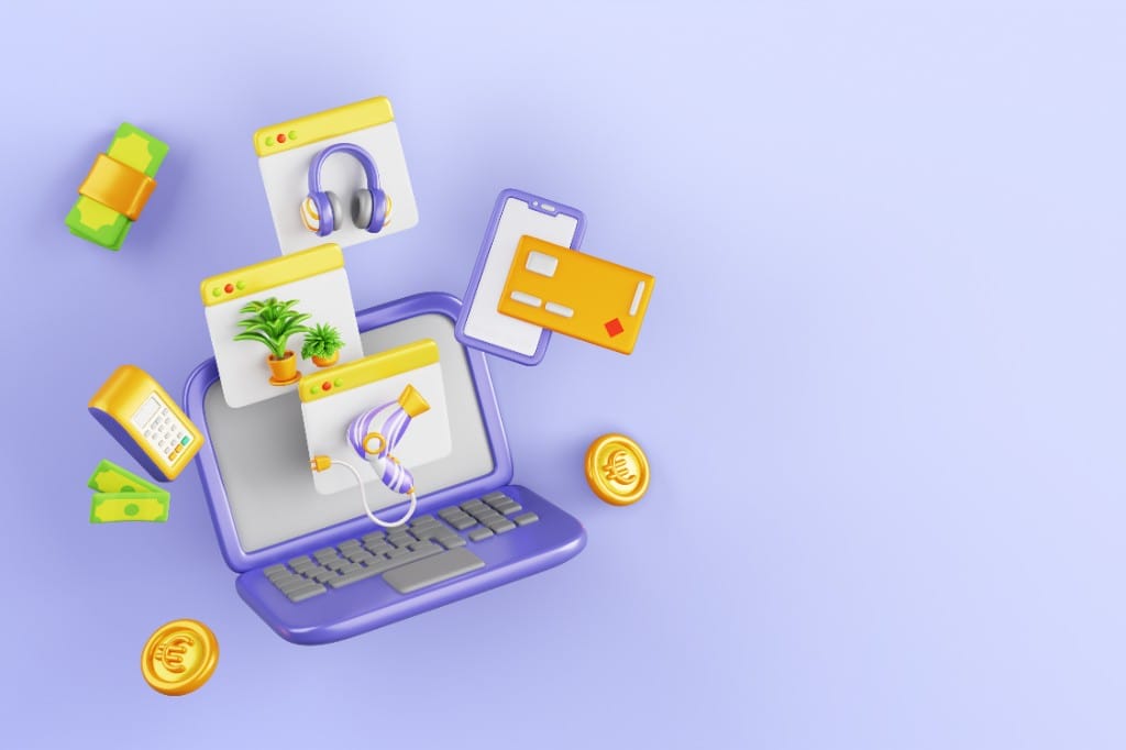 3D illustration of ecommerce website design with a laptop, floating product cards, and online payment icons