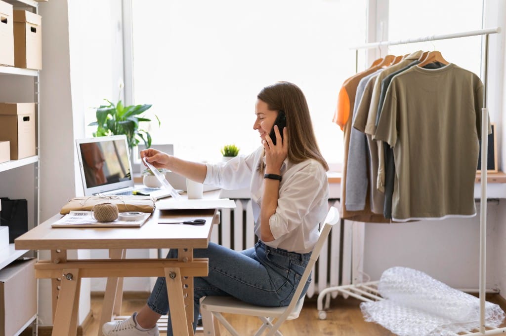 Small business owner managing ecommerce orders on the phone while checking a shipping label in a studio with clothing inventory