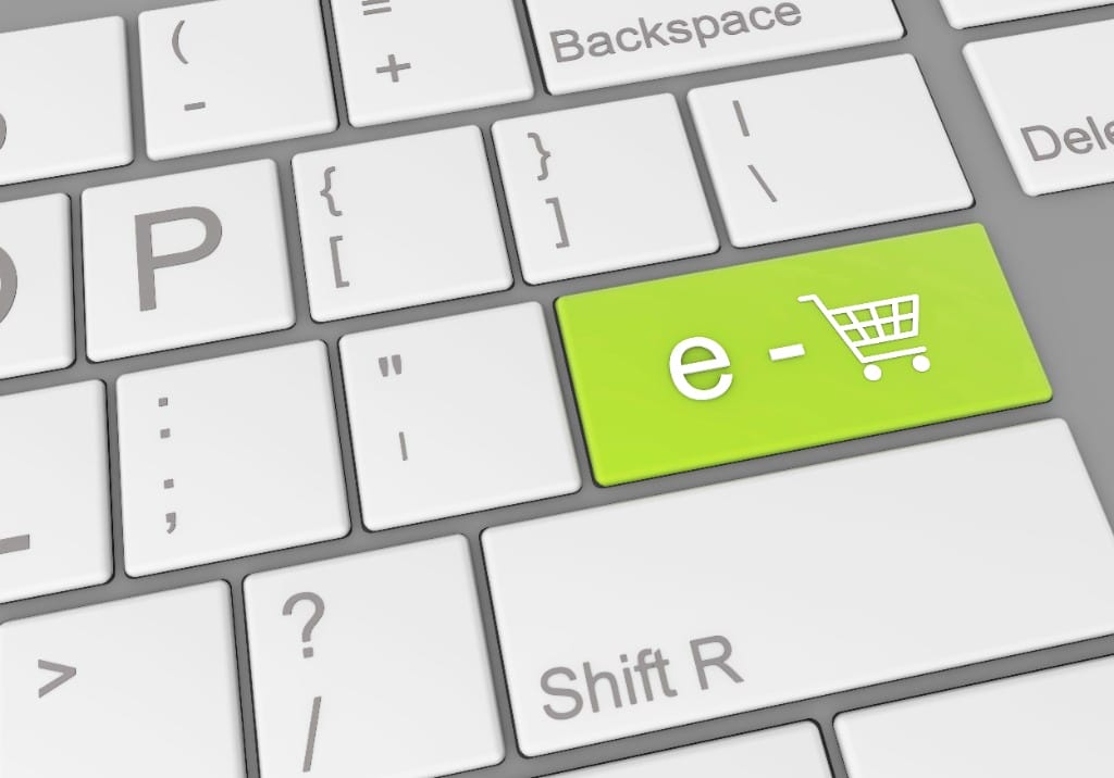 Close-up 3D render of a keyboard with a lime green ecommerce shopping cart key