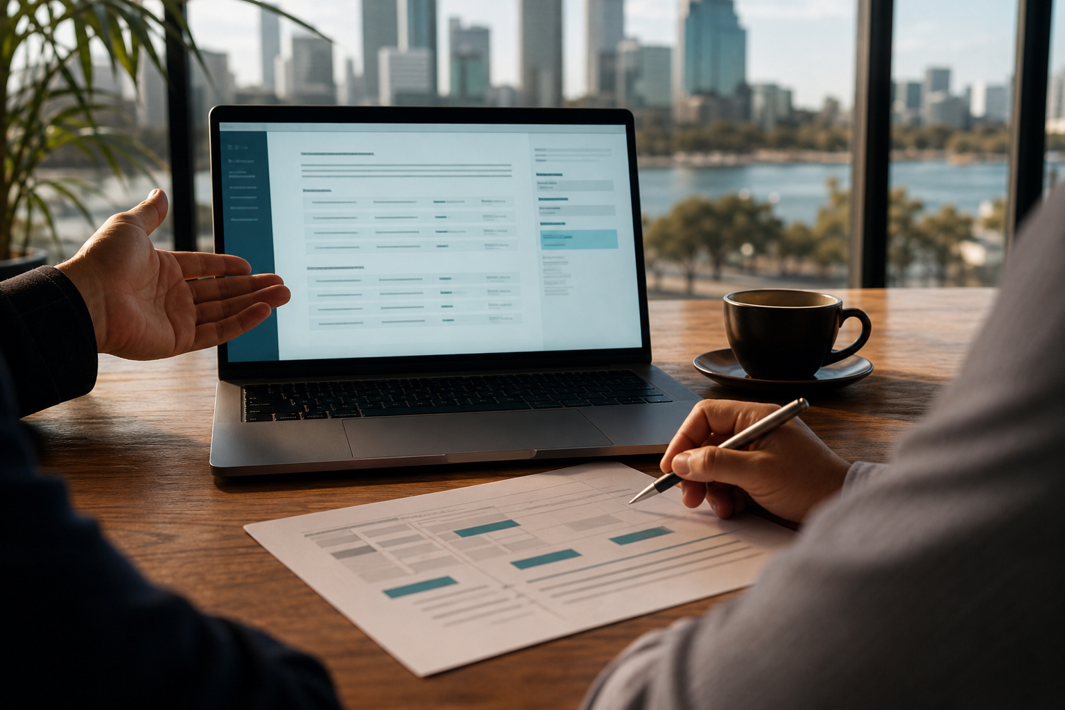 Website design pricing discussion with laptop and proposal notes in Perth