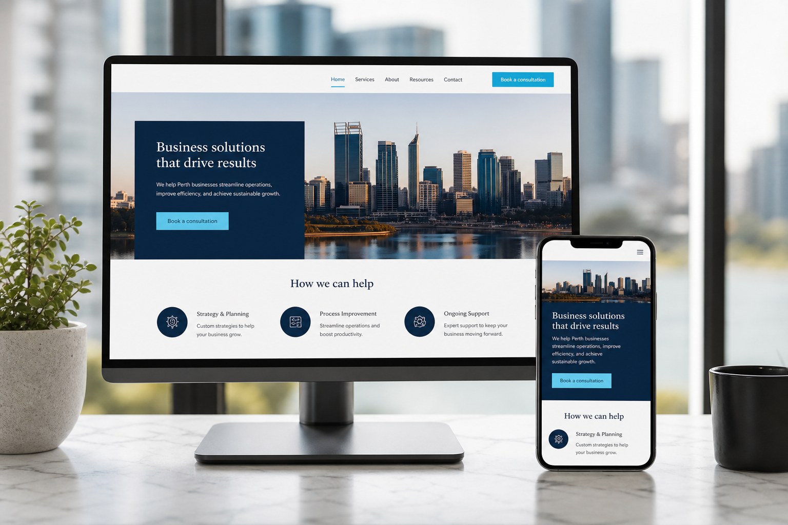 Modern Perth business website layout on desktop and mobile devices