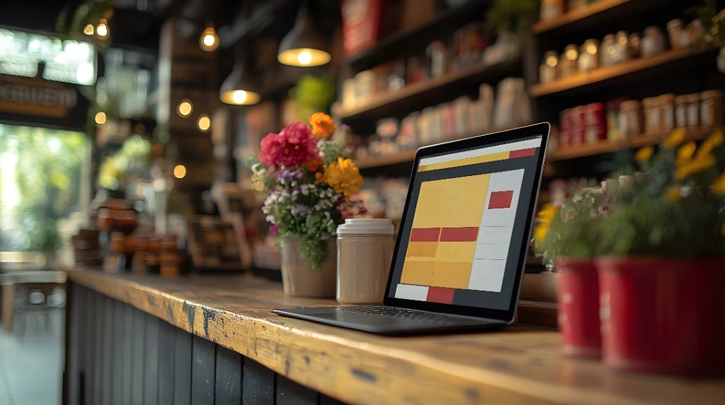 A laptop displaying a professional website layout on a wooden counter next to a colorful floral arrangement in a small business setting