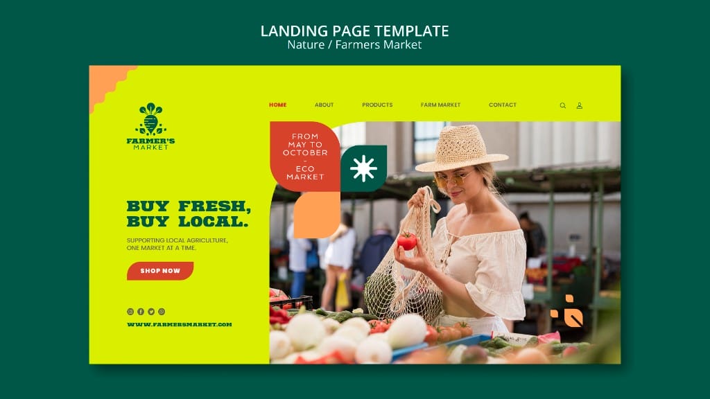 Bold farmers market website design with buy fresh buy local headline and fresh produce shopping photo