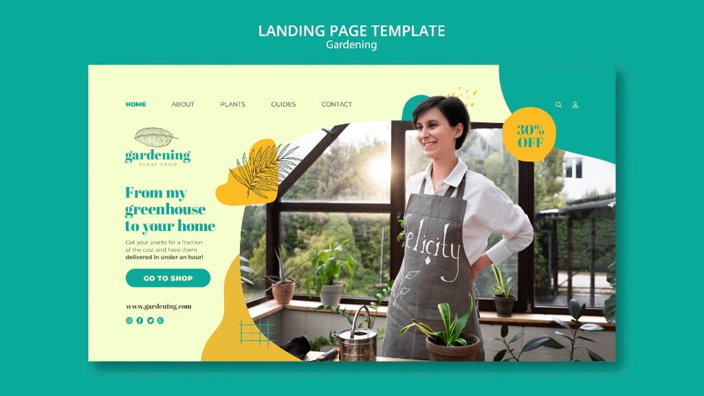 Website design mockup for a gardening small business showing a smiling greenhouse owner and plant shop layout