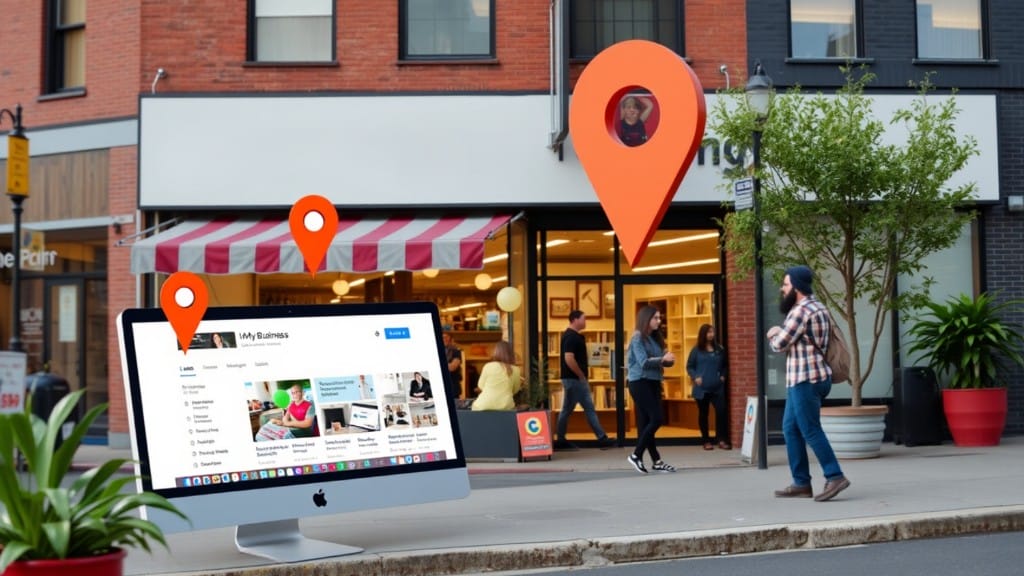 iMac showing a Google Business Profile in front of a local storefront with map location pins for local SEO