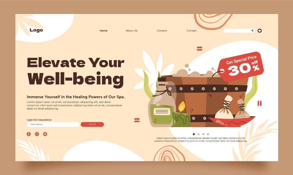 Spa and wellness small business website design with elevate your well-being headline and spa illustrations