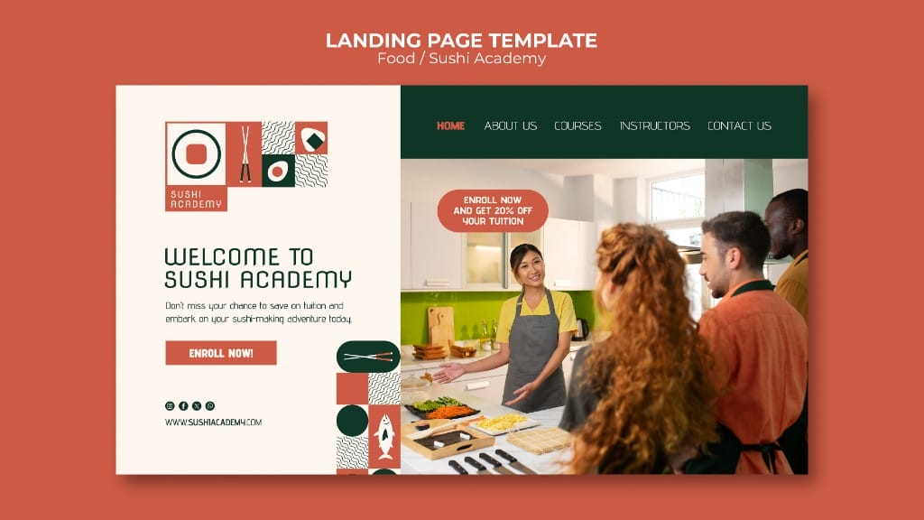 Sushi academy website landing page design with instructor teaching students in a modern kitchen