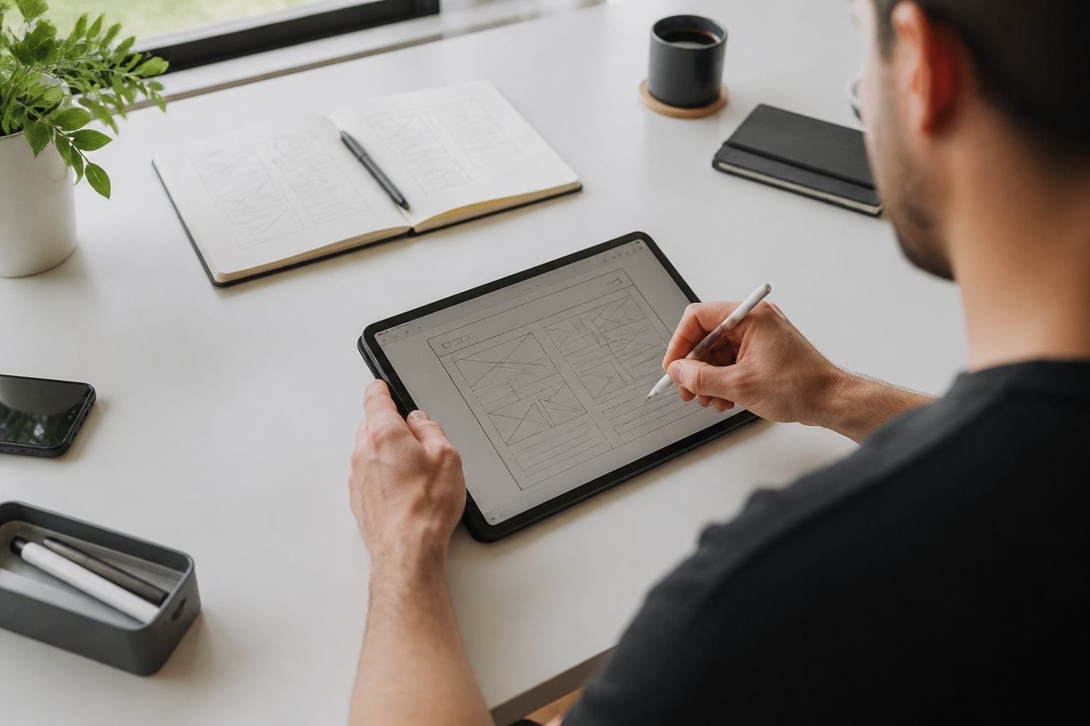 Designer sketching a landing page layout on a tablet