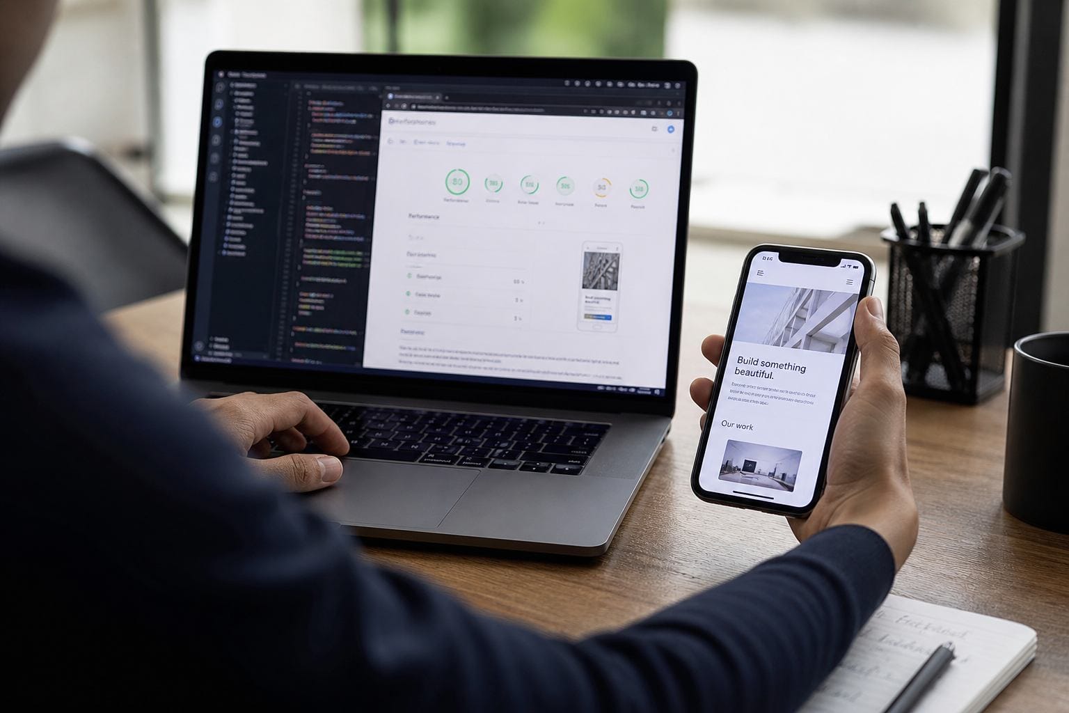 Developer testing landing page speed on laptop and phone