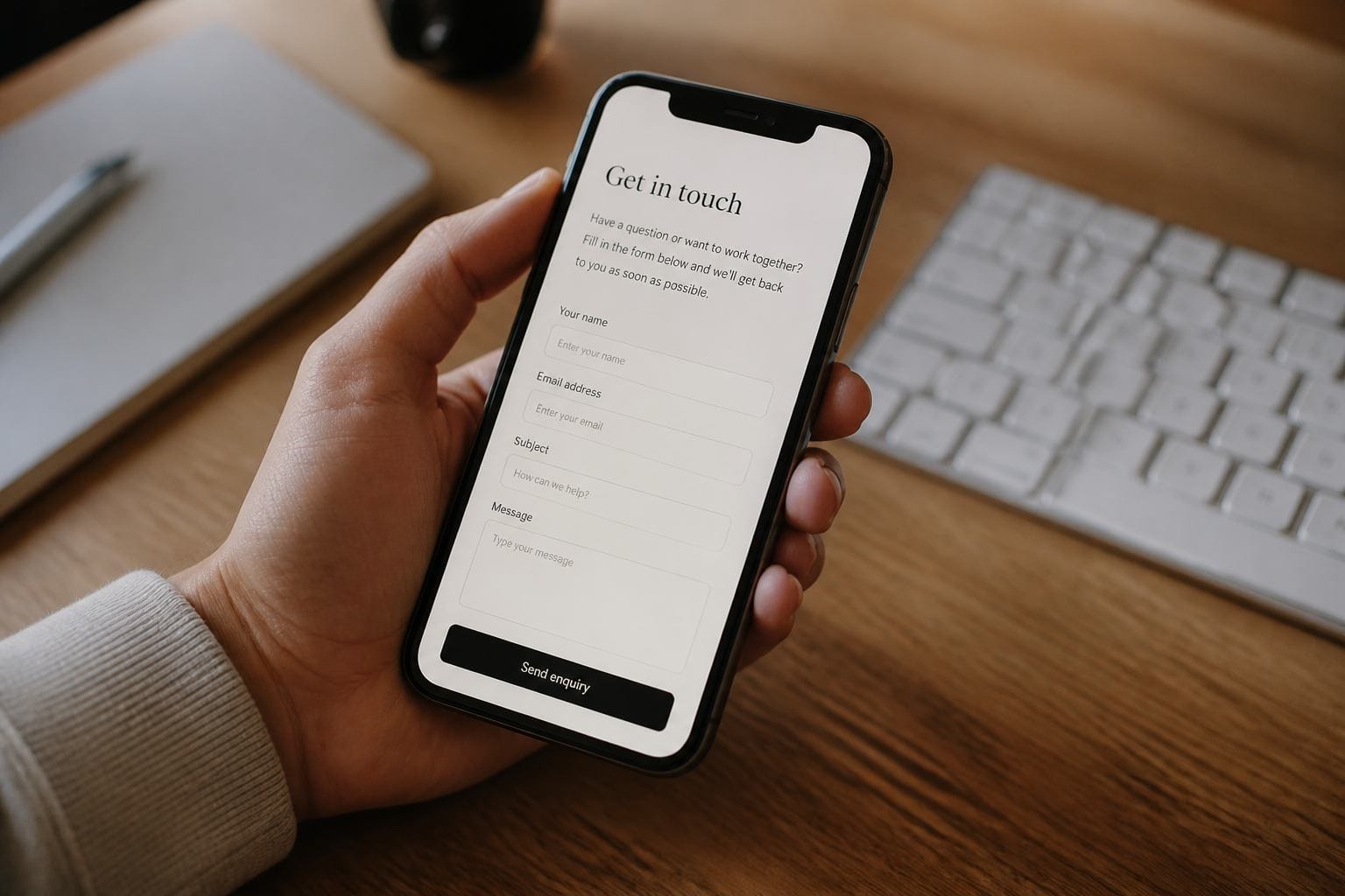 Mobile phone showing a short enquiry form on a landing page