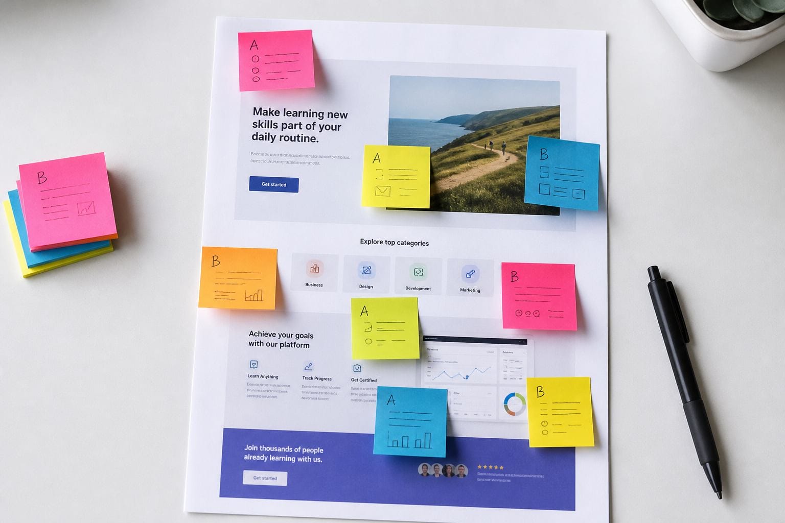 A/B test sticky notes on a landing page printout