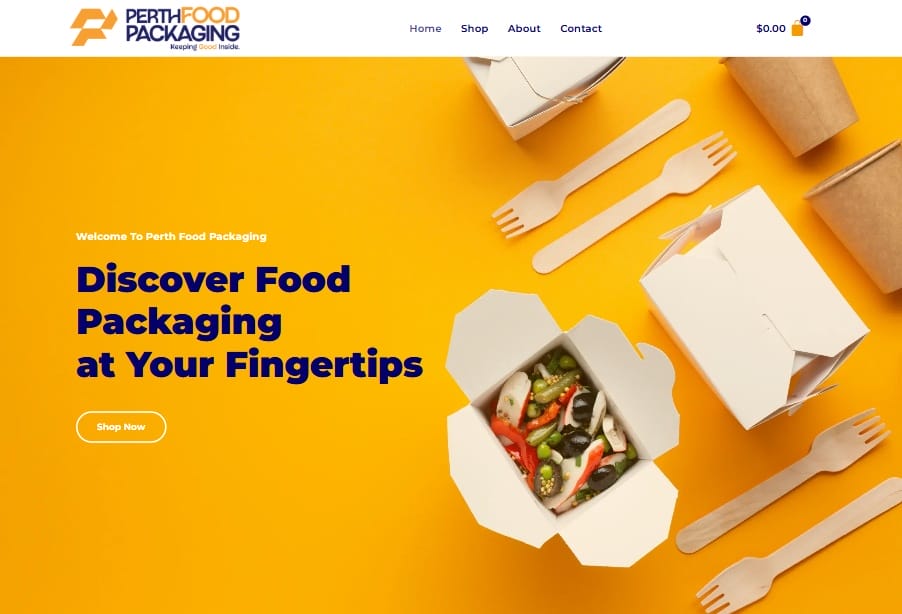 Perth Food Packaging homepage with full headline, packaging imagery and Shop Now button