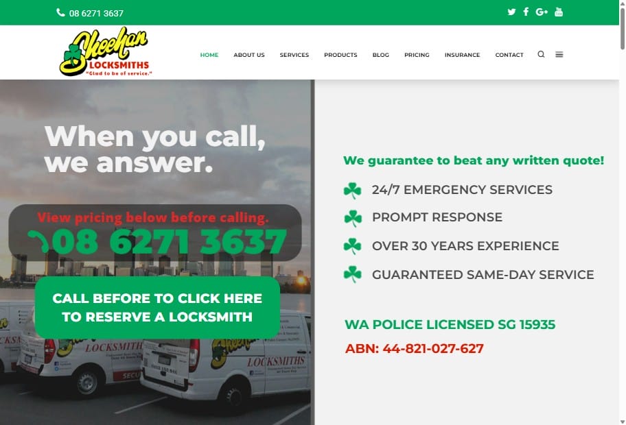 Sheehan Locksmiths Perth website design